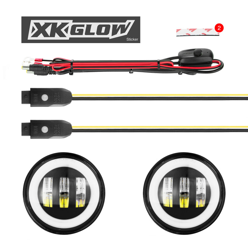 XK Glow 4In Black RGB LED Jeep Wrangler Fog Light XKchrome Bluetooth App Controlled Kit Light Accessories and Wiring XKGLOW
