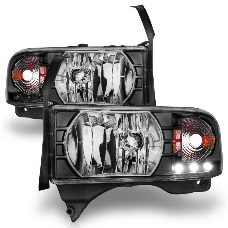 ANZO 1994-2001 Dodge Ram Crystal Headlights Black w/ LED Headlights ANZO