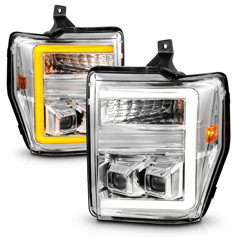 ANZO 08-10 Ford F-250 - F-550 Super Duty Projector Headlights w/ Light Bar Switchback Chrome Housing Headlights ANZO
