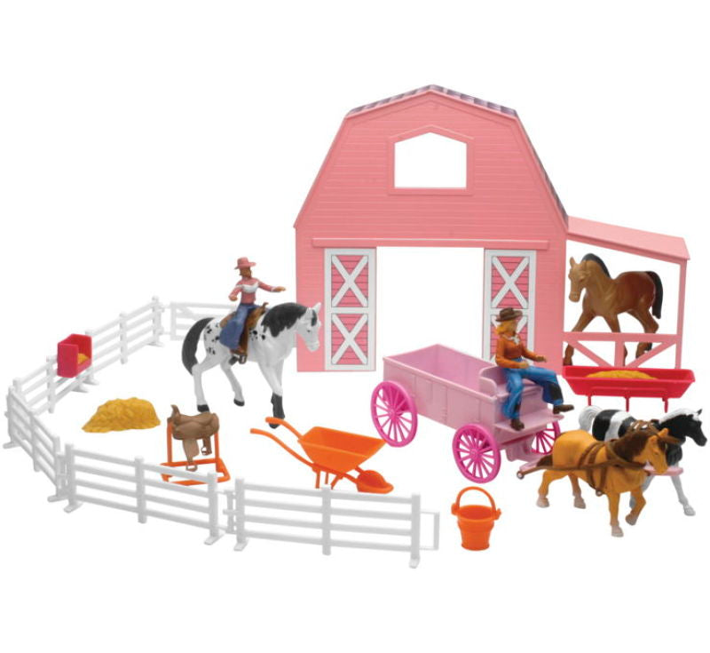 New Ray Toys Valley Ranch Set with Pink Barn, Horses, Cowgirls and Fences/ Scale 1:32 Toys New Ray Toys