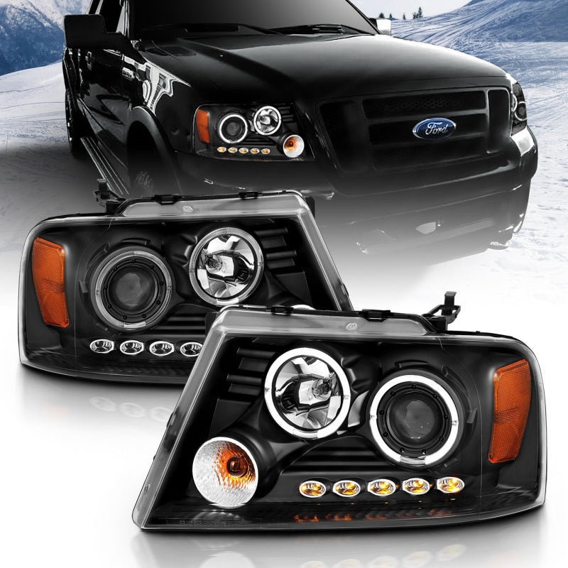 ANZO 2004-2008 Ford F-150 Projector Headlights w/ Halo and LED Black G2 Headlights ANZO