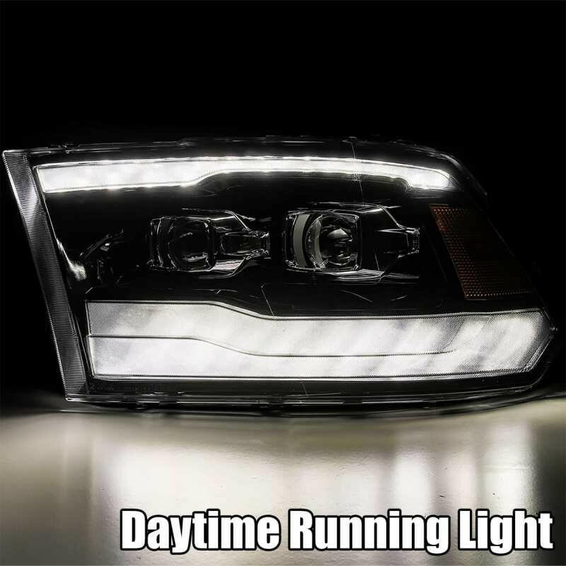 AlphaRex 09-18 Dodge Ram 1500HD PRO-Series Proj Headlights Plank Style Black w/Seq Signal/Smoked DRL Headlights AlphaRex