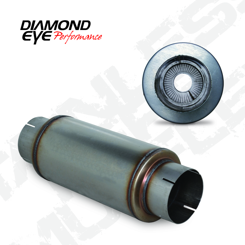 Diamond Eye MFLR 5inID SGL IN/SGL OUT 7inDIA X 14in BODY 20in LENGTH PERF SLOTTED ENDS 409 SS Muffler Diamond Eye Performance