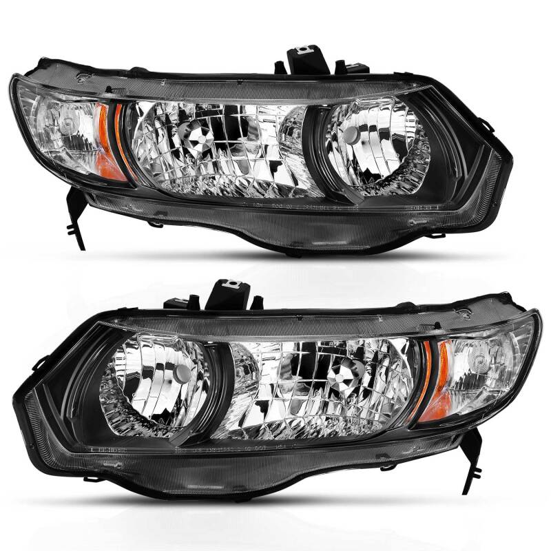 ANZO 2006-2009 Honda Civic 2 Door Crystal Headlight Black Amber (OE Replacement) Headlights ANZO