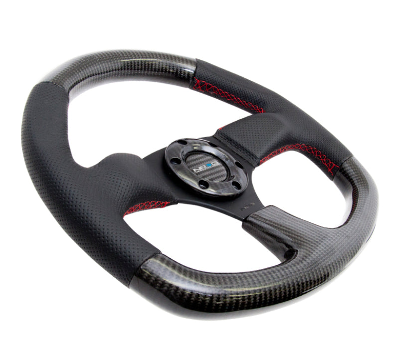 NRG Carbon Fiber Steering Wheel (320mm) Flat Bottom & Leather Trim w/Red Stitching Steering Wheels NRG