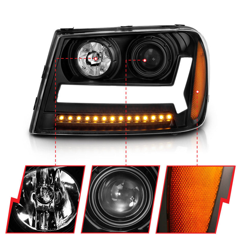 ANZO 2006-2009 Chevrolet Trailblazer Projector Headlights w/ Plank Style Design Black w/ Amber Headlights ANZO