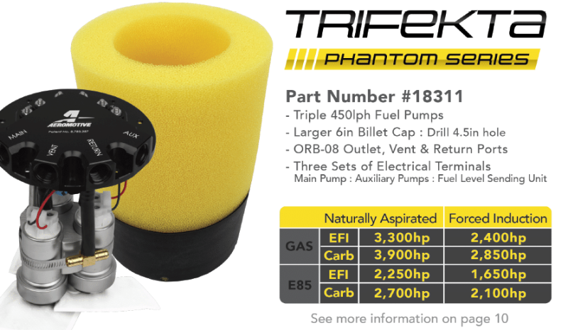 Aeromotive Fuel Pump - Phantom Trifekta Universal In-Tank - 450lph - 6-10in Depth Fuel Pumps Aeromotive