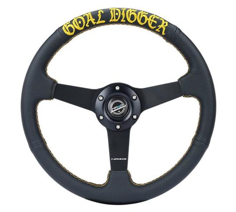 NRG Sport Steering Wheel (350mm / 1.5in Deep) Black Leather/Gold Stitch w/Matte Black Solid Spokes Steering Wheels NRG