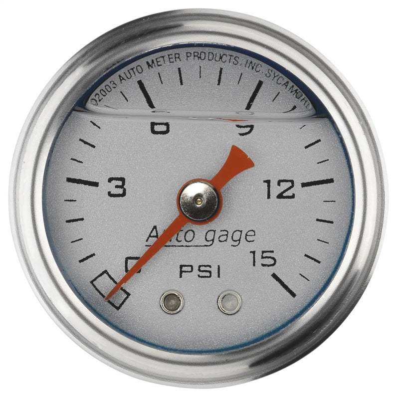 Autometer AutoGage 1.5in Liquid Filled Mechanical 0-15 PSI Fuel Pressure Gauge - Silver Gauges AutoMeter