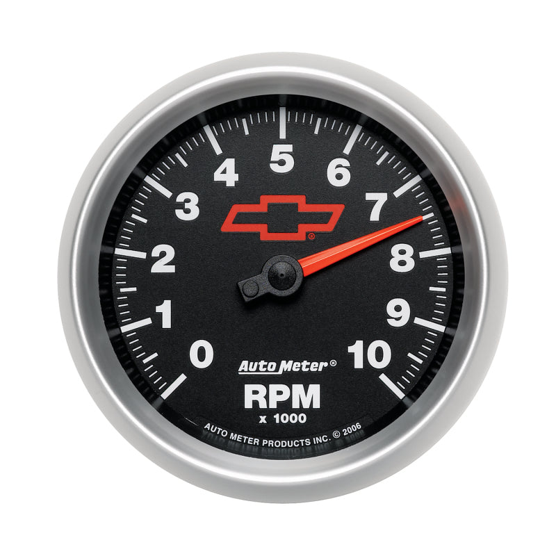 AutoMeter Gauge Tachometer 3-3/8in. 10K RPM In-Dash Chevy Red Bowtie Black Gauges AutoMeter