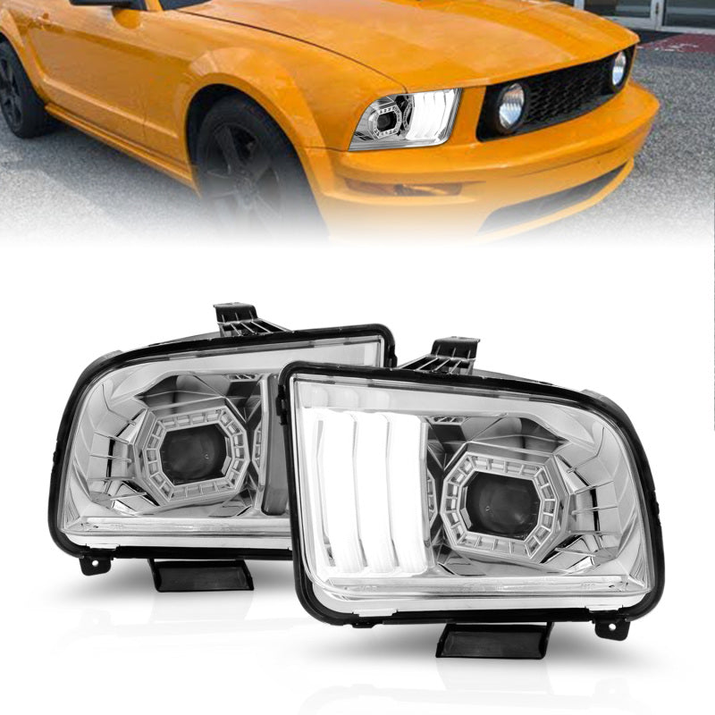 ANZO 05-09 Ford Mustang (w/Factory Halogen HL Only) Projector Headlights w/Light Bar Chrome Housing Headlights ANZO