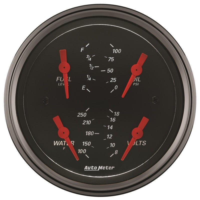 Autometer Designer Black 3.375in Quad Gauge - Fuel Level / Oil Pressure / Water Temp. / Voltmeter Gauges AutoMeter