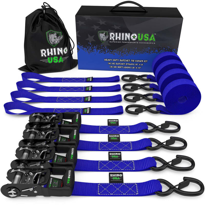 Rhino USA Heavy Duty Ratchet Tie-Down 4-Pack (Blue) 1.6In X 8Ft Cargo Tie-Downs Rhino USA