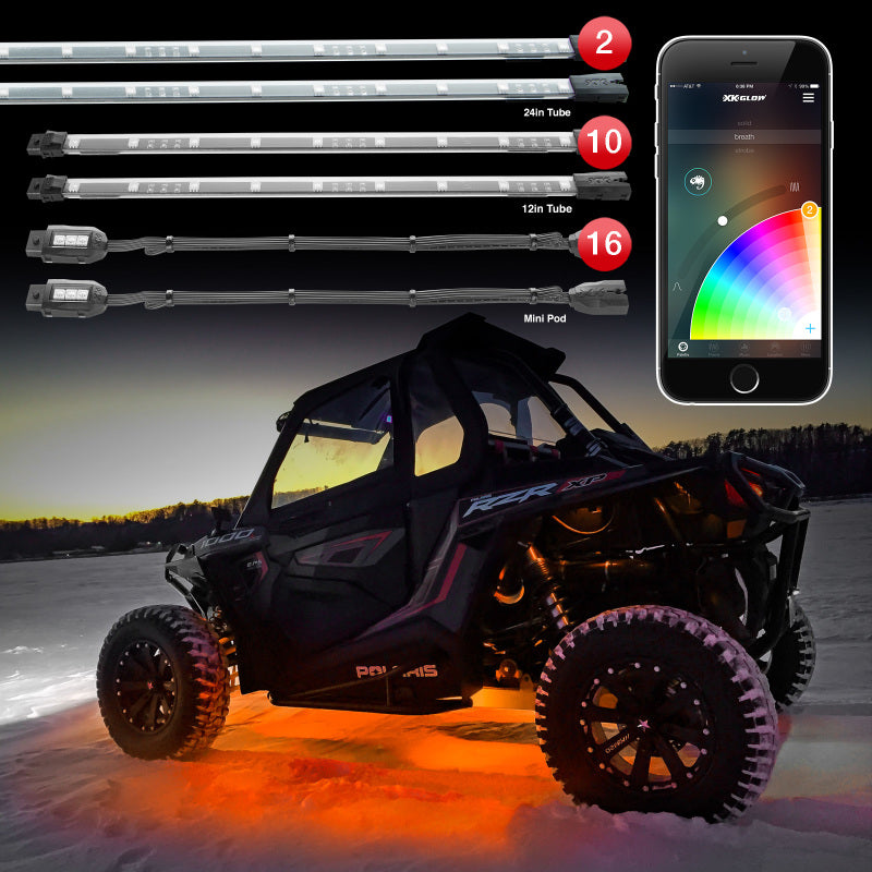 XK Glow Million Color XKCHROME App Controlled Offroad UTV Kit 2x24In Tube + 10x12In Tube + 16xPods Light Accessories and Wiring XKGLOW