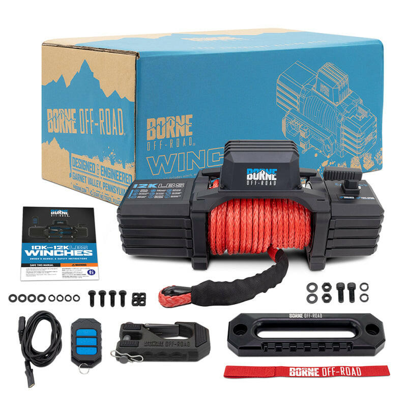 Borne Off-Road 12K Winch - Red Synthetic Rope Winches Borne Off-Road