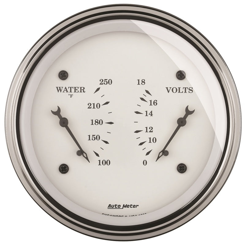 AutoMeter Gauge Dual Wtmp & Volt 3-3/8in. 250 Deg. F & 18V Elec Old Tyme White Gauges AutoMeter