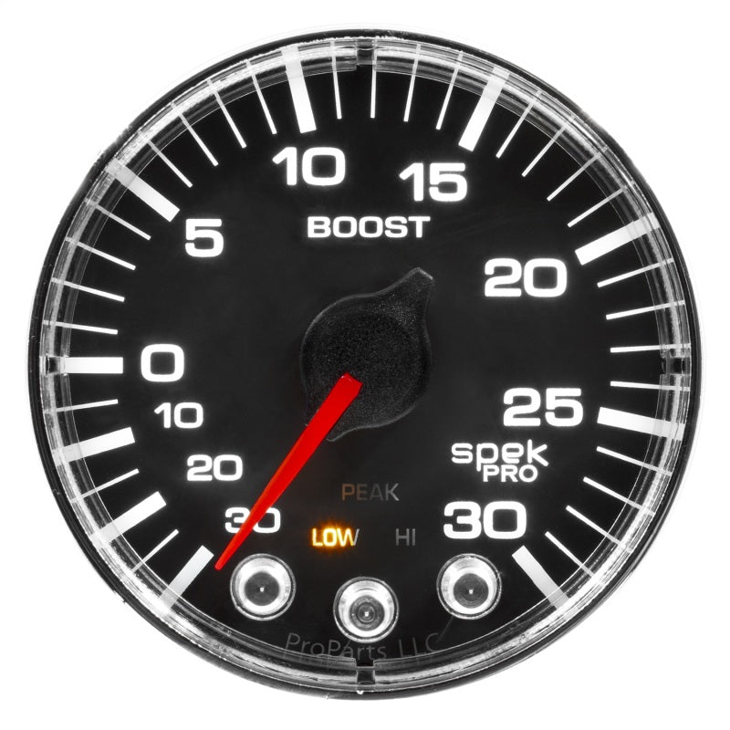 Autometer Spek-Pro Gauge Vac/Boost 2 1/16in 30Inhg-30psi Stepper Motor W/Peak & Warn Black/Chrome Gauges AutoMeter