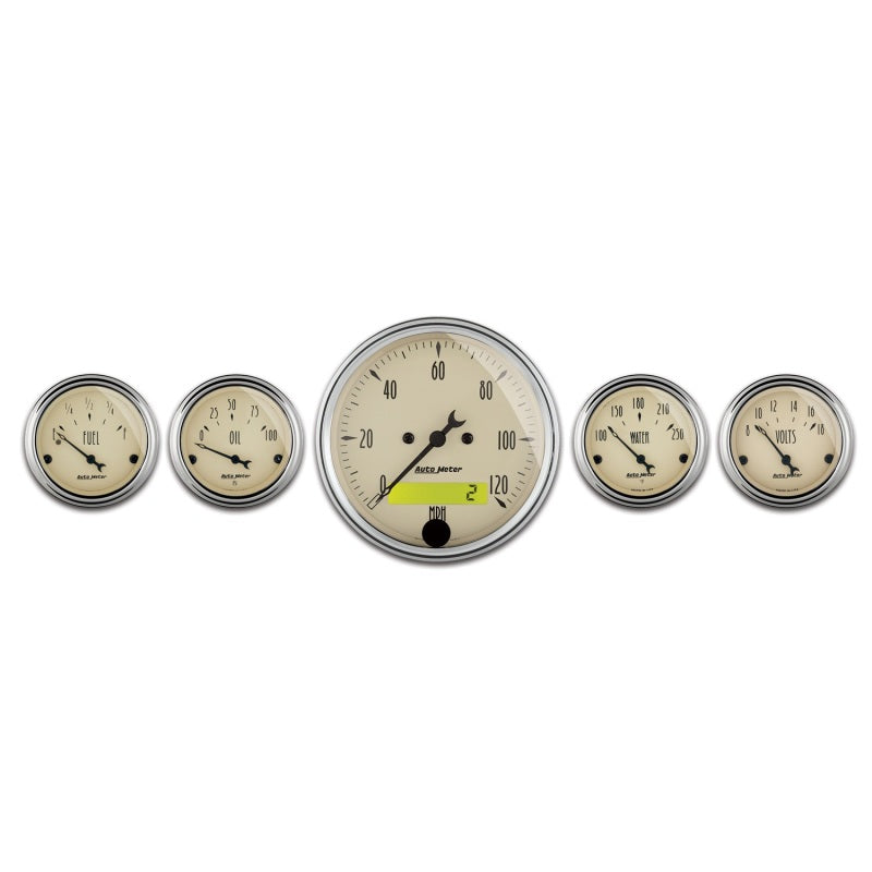 AutoMeter Gauge Kit 5 Pc. 3-1/8in. & 2-1/16in. Elec. Speedometer Antique Beige Gauges AutoMeter