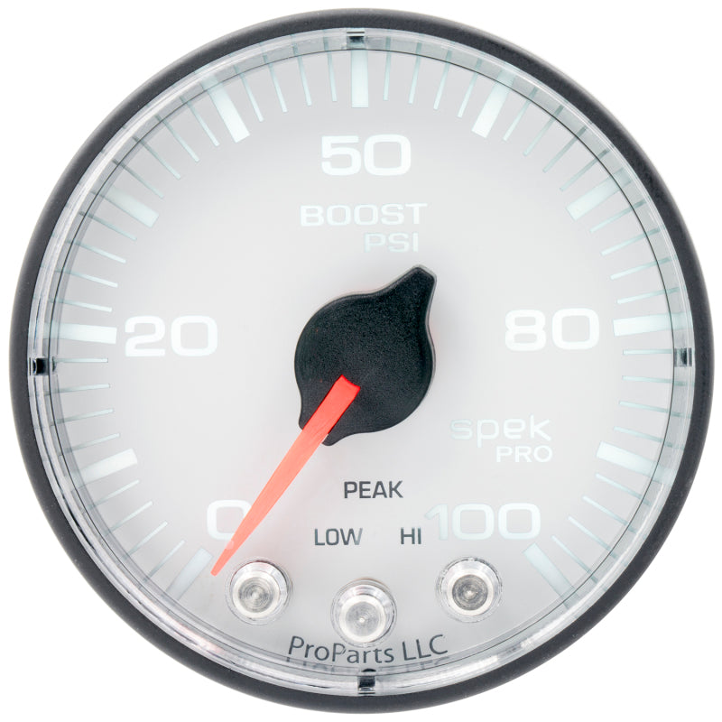 Autometer Spek-Pro 2 1/16in 100PSI Stepper Motor W/Peak & Warn White/Black Boost Gauge Gauges AutoMeter