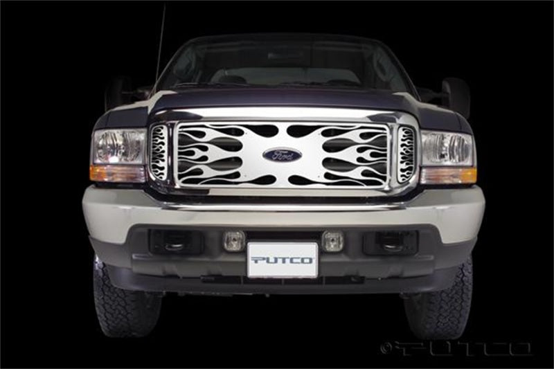 Putco 99-04 Ford SuperDuty w/ Logo CutOut (incl Side Vents) Flaming Inferno Stainless Steel Grille Grilles Putco