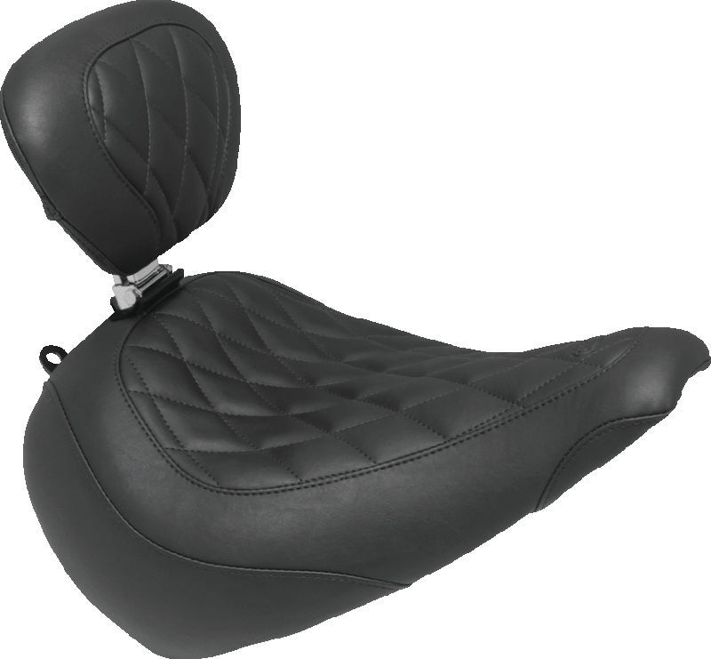 Mustang 18-21 Harley Fat Boy Wide Tripper Solo Seat w/Driver Backrest Diamond Stitch - Black Solo Motorcycle Seats Mustang Motorcycle