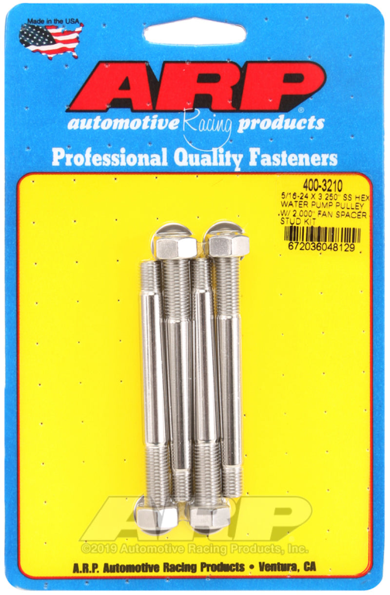 ARP 5/16-24 X 3.250 SS Hex Water Pump Pulley w/ 2.000in Fan Spacer Stud Kit Hardware - Singles ARP