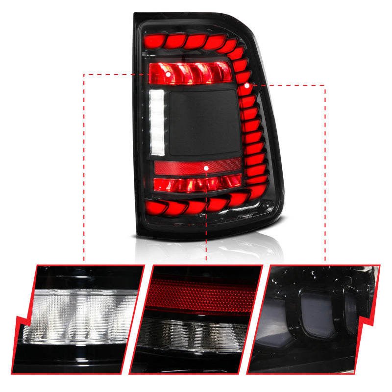ANZO 19-24 RAM 1500 (Factory Halogen Models) Full LED Tail Lights SeqSig Black - Pair Tail Lights ANZO