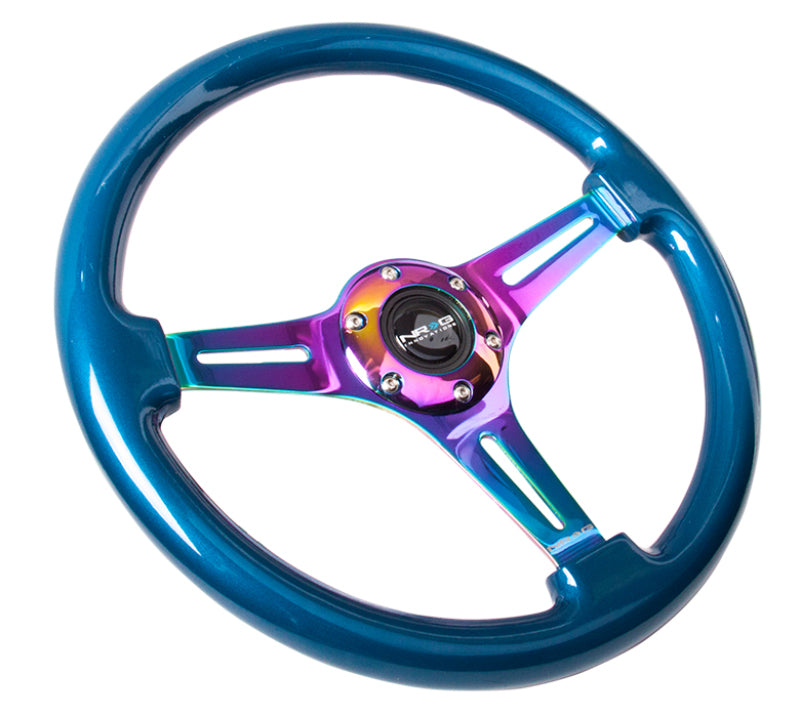 NRG Classic Wood Grain Steering Wheel (350mm) Blue Pearl/Flake Paint w/Neochrome 3-Spoke Center Steering Wheels NRG