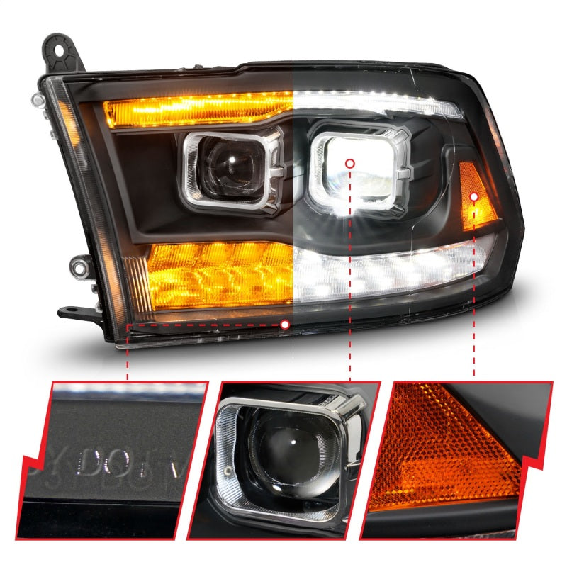 ANZO 09-18 Dodge Ram 1500/2500/3500 Full LED Proj Headlights w/Switchback Light Bar - Black Headlights ANZO