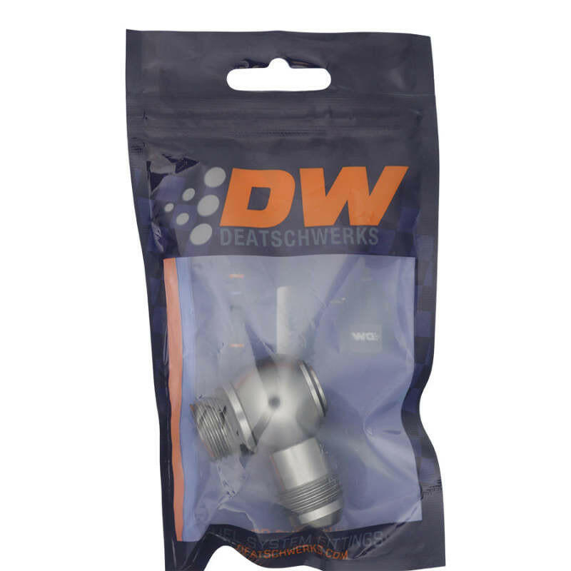 DeatschWerks 8AN ORB Male to 8AN Male Flare Low Profile 90-Degree Swivel - Anodized DW Titanium Fittings DeatschWerks
