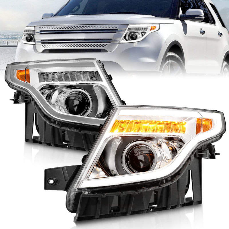ANZO 11-15 Ford Explorer Projector Headlights w/ Light Bar Chrome Housing w/ Amber light Headlights ANZO