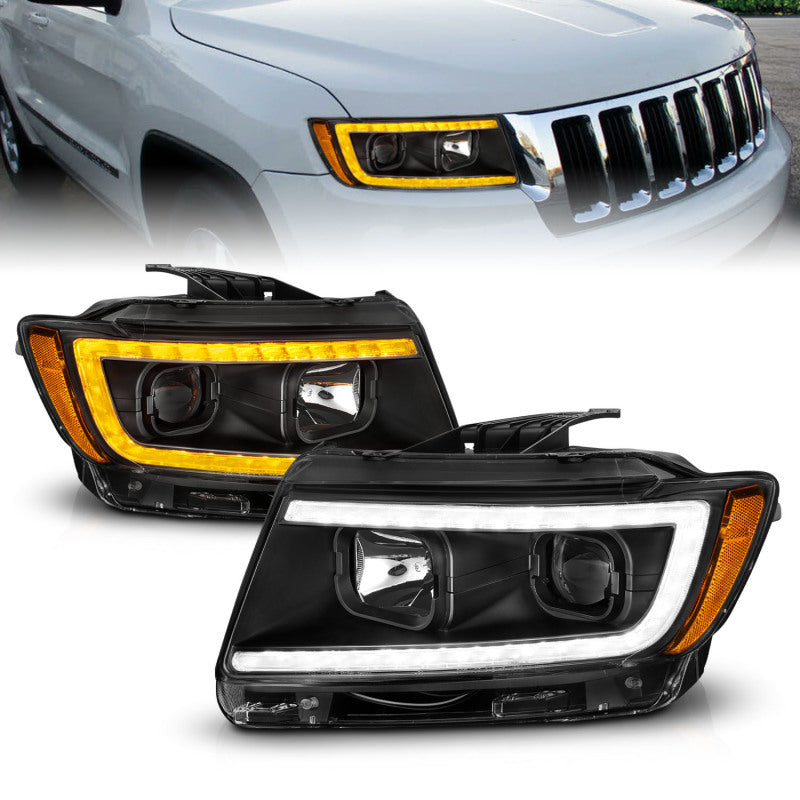 ANZO 11-13 Jeep Grand Cherokee (Factory Halogen Only) Projector Headlights w/Light Bar Swtchbk Black Headlights ANZO
