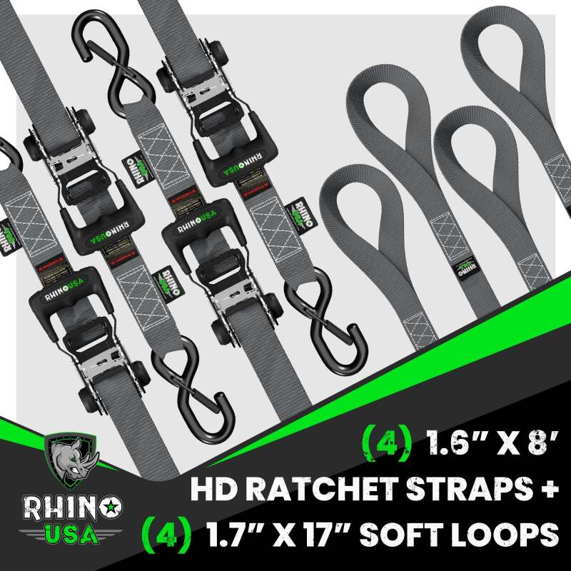 Rhino USA Heavy Duty Ratchet Tie-Down 4-Pack (Gray) 1.6In X 8Ft Cargo Tie-Downs Rhino USA