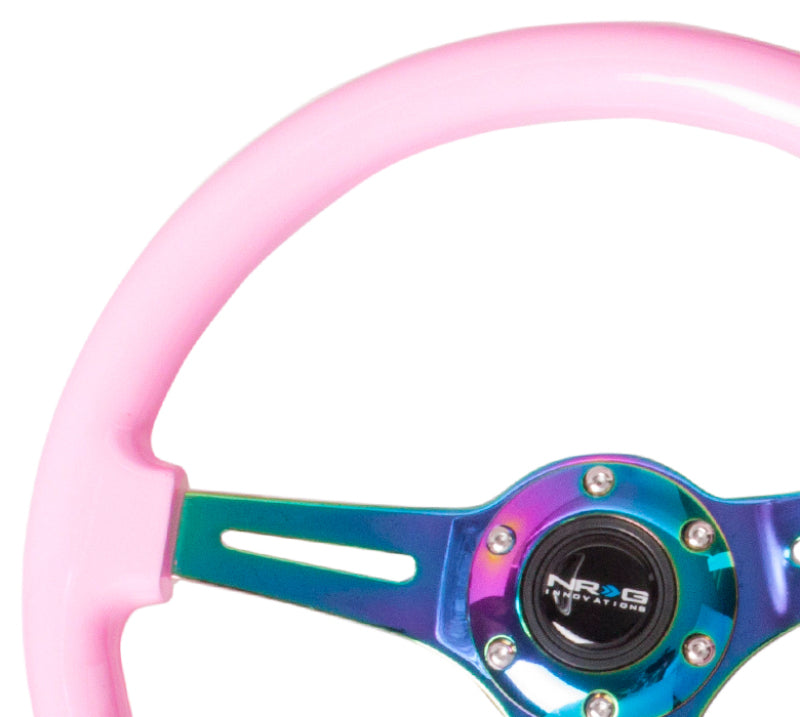 NRG Classic Wood Grain Steering Wheel (350mm) Solid Pink Painted Grip w/Neochrome 3-Spoke Center Steering Wheels NRG