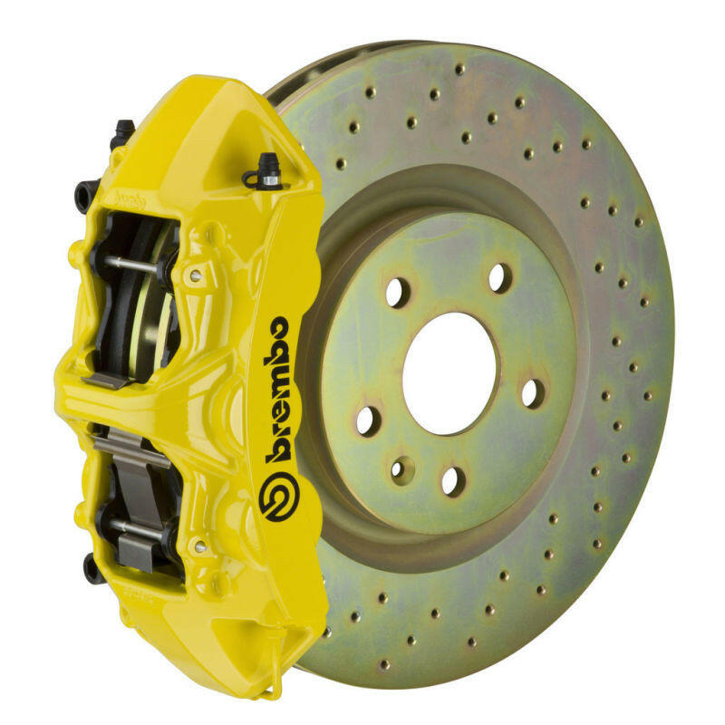 Brembo 05-14 Mustang GT Excl non-ABS Equipped Fr GT BBK 6Pist Cast 355x32 1pc Rtr Drill-Yellow Brake Kits - Performance Slot Brembo