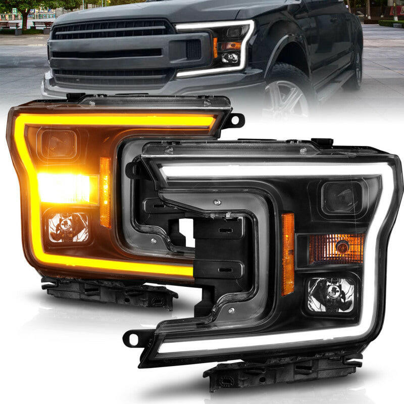 ANZO 2018-2020 Ford F-150 Projector Headlight w/ Plank Style Switchback Black Housing Headlights ANZO