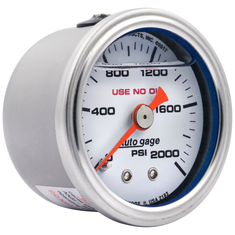 Autometer AutoGage 1.5in Liquid Filled Mechanical 0-2000 PSI Fuel Pressure Gauge - White Gauges AutoMeter