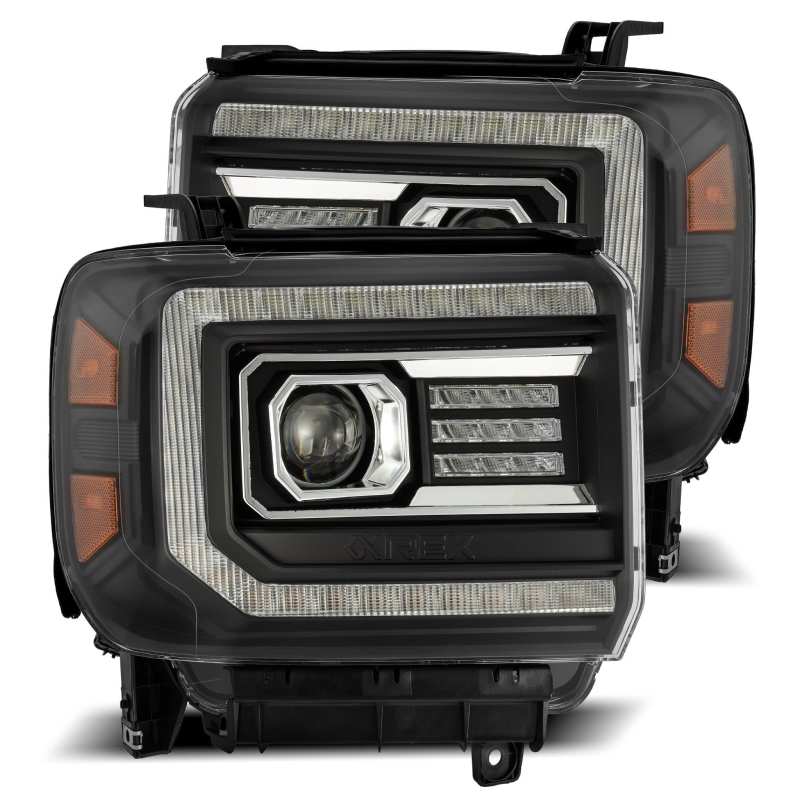 AlphaRex 14-18 GMC Sierra LUXX LED Proj Headlights Plank Style Black w/Activ Light/Seq Signal/DRL Headlights AlphaRex