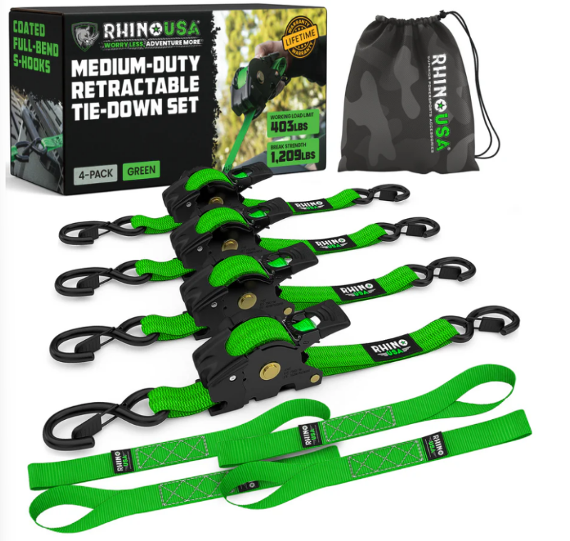 Rhino USA Retractable Ratchet Straps (4Pk 1Inx10Ft) (Green) Tow Straps Rhino USA