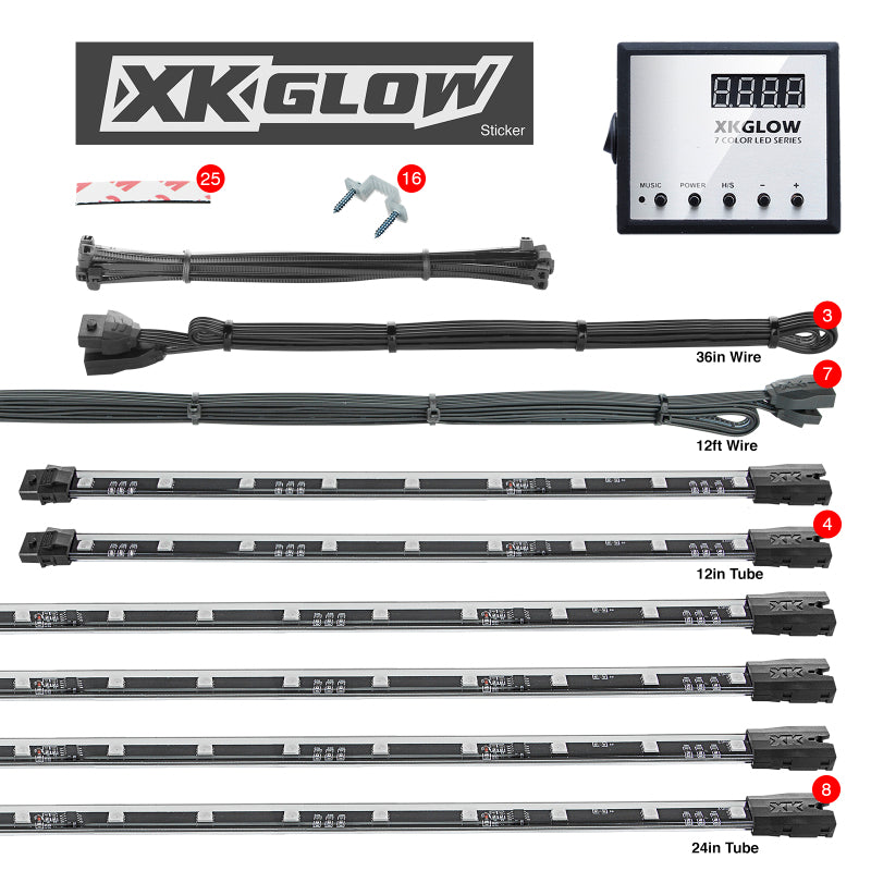 XK Glow 3 Million Color XKGLOW LED Accent Light Car/Truck Kit 8x24In + 4x12In Tubes Light Accessories and Wiring XKGLOW