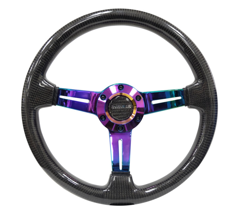 NRG Carbon Fiber Steering Wheel (350mm / 1.5in. Deep) Neochrome 3-Spoke Design w/Slit Cuts Steering Wheels NRG