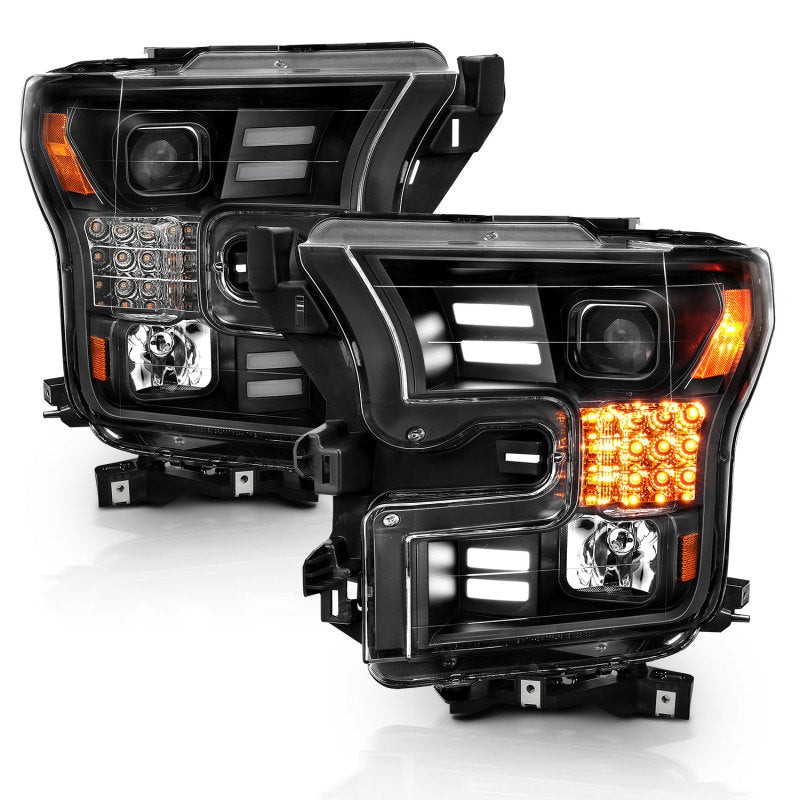 ANZO 15-17 Ford F-150 Project Headlights w/ Plank Style Design Black w/ Amber Sequential Turn Signal Headlights ANZO