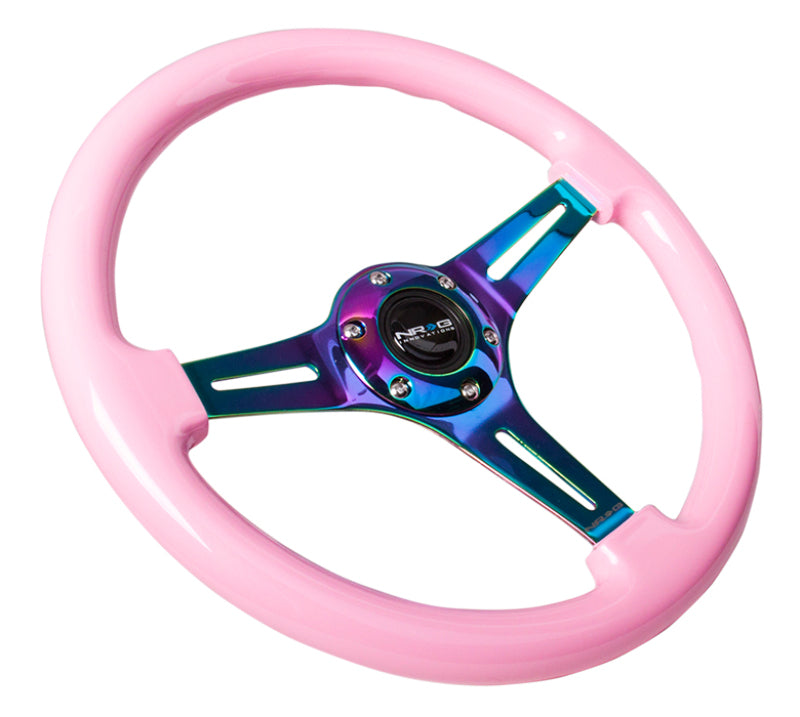 NRG Classic Wood Grain Steering Wheel (350mm) Solid Pink Painted Grip w/Neochrome 3-Spoke Center Steering Wheels NRG