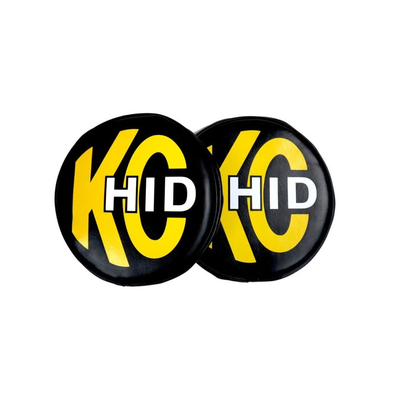 KC HiLiTES 8in. Round Soft Cover HID (Pair) - Black w/Yellow Brushed KC Logo Light Covers and Guards KC HiLiTES