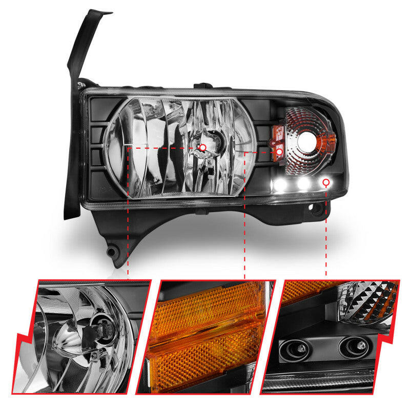 ANZO 1994-2001 Dodge Ram Crystal Headlights Black w/ LED Headlights ANZO