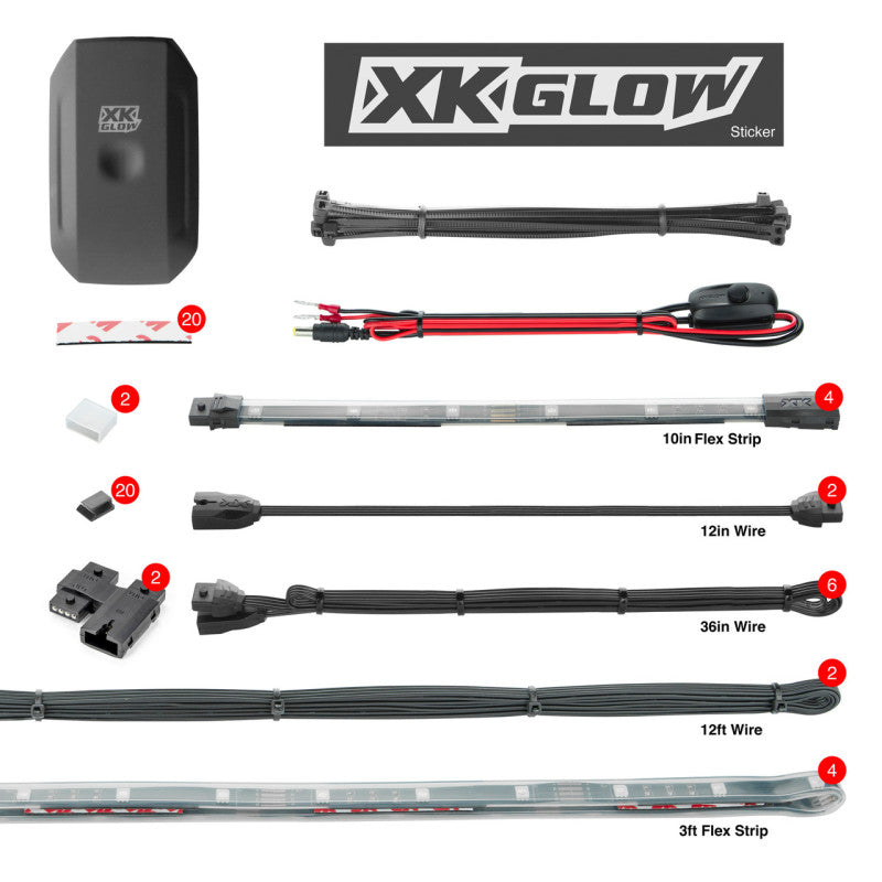XK Glow Flex Strips Million Color XKCHROME App Controlled Boat Marine Kit 4x36In Strips + 4x10In Light Accessories and Wiring XKGLOW