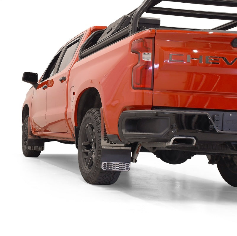 Putco 11-16 Ford SuperDuty Dually - (Fits Rear) - Set of 2 Mud Skins - Brushed SS w/ Hex Shield Mud Flaps Putco