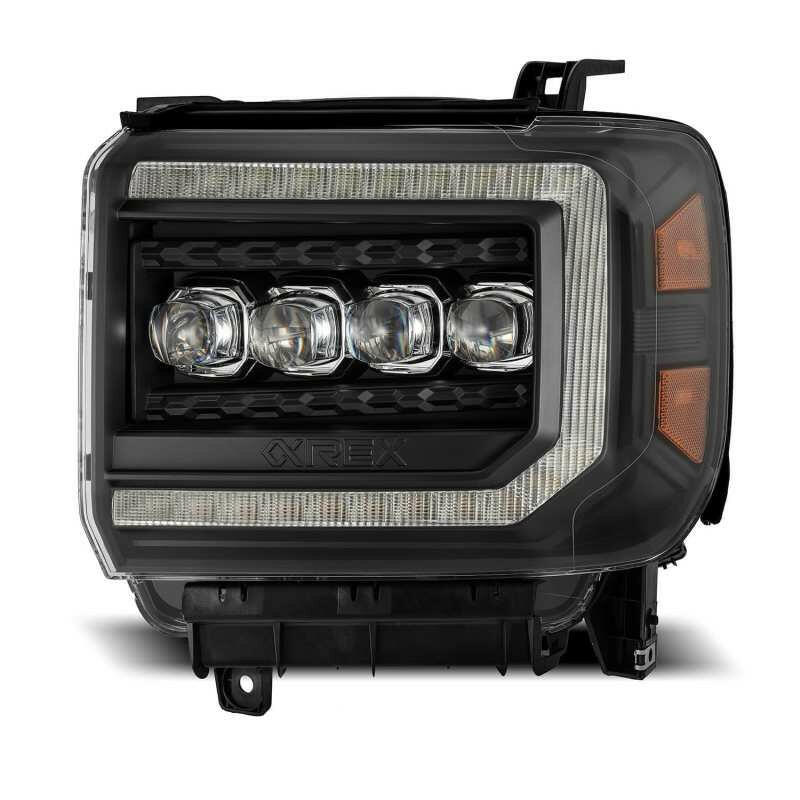 AlphaRex 14-18 GMC Sierra NOVA LED Proj Headlights Plank Style Black w/Activ Light/Seq Signal/DRL Headlights AlphaRex