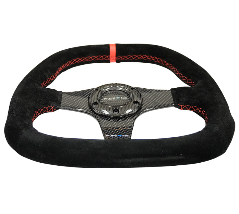 NRG Carbon Fiber Steering Wheel (320mm) Flat Btm. Blk Suede/Red Stitch w/CF Spokes & Red Center Mark Steering Wheels NRG