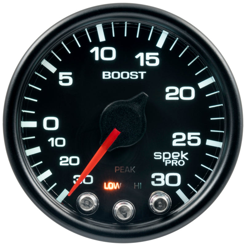 Autometer Spek-Pro Gauge Vac/Boost 2 1/16in 30Inhg-30psi Stepper Motor W/Peak & Warn Black/Black Gauges AutoMeter